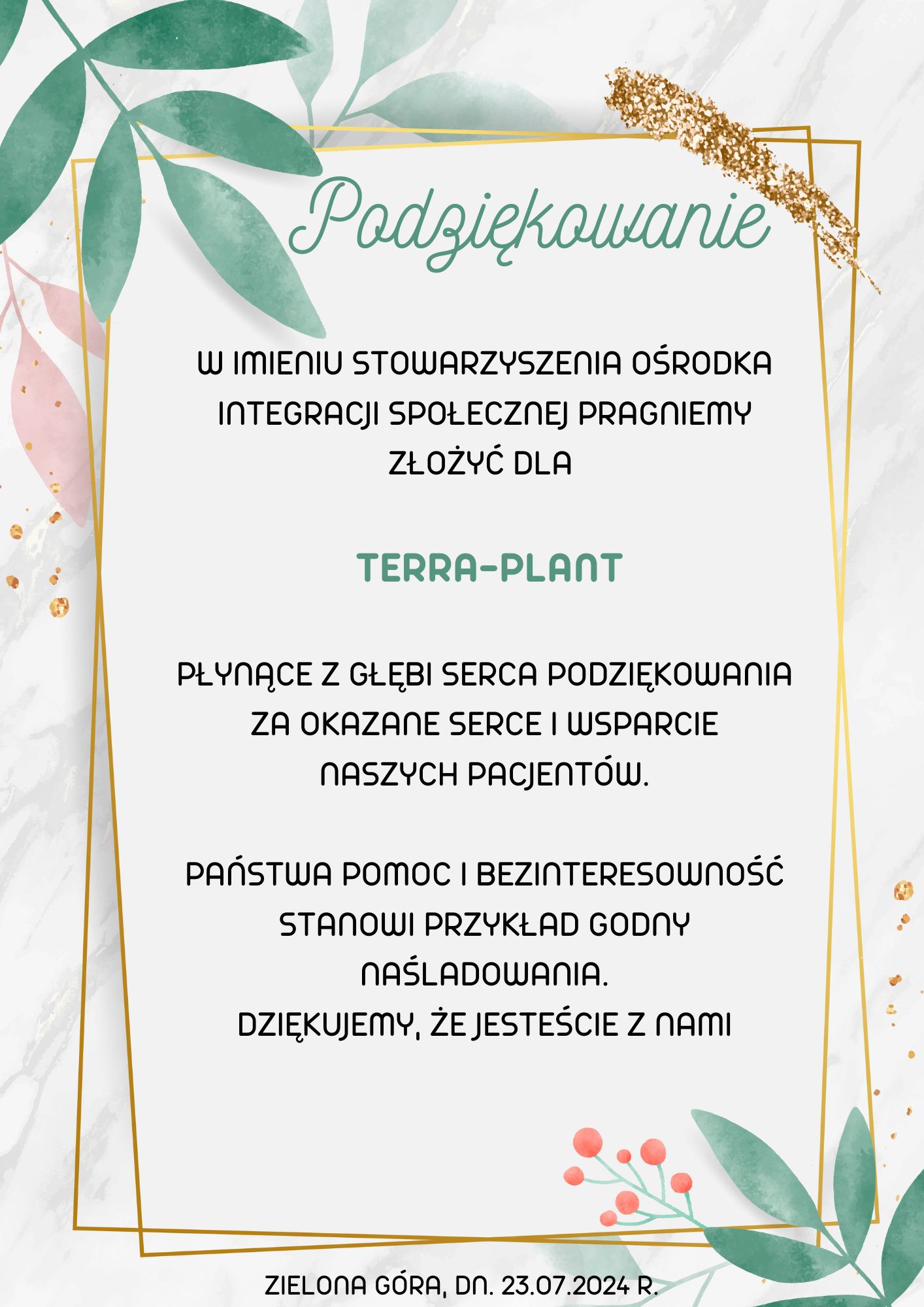 Podziękowania dla TERRA-PLANT